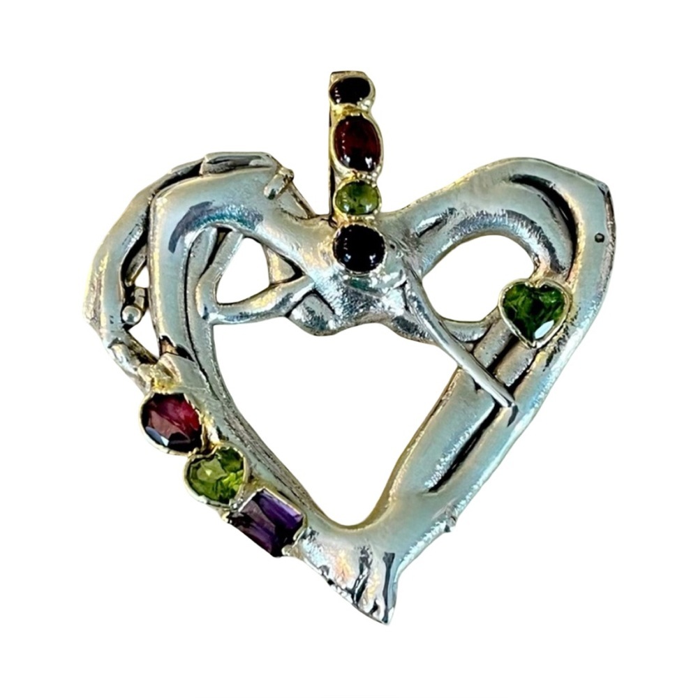 99% Silver Heart Pendant with Red, Purple and Green Semi-Precious Stones by C+R